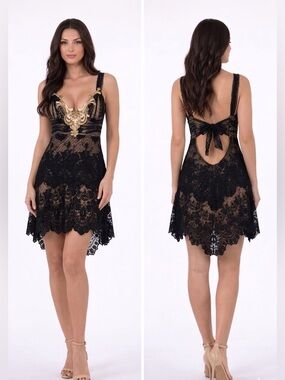 Black Lace Mini Dress with Gold Applique